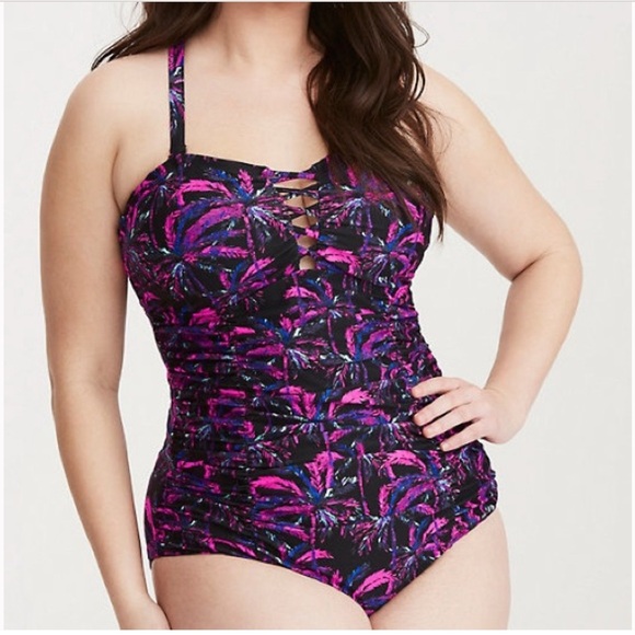Torrid Palm Print Lattice Front Swimsuit - Picture 1 of 11